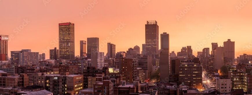 A beautiful and dramatic panoramic photograph of the Johannesburg city skyline, taken on a golden evening after sunset.