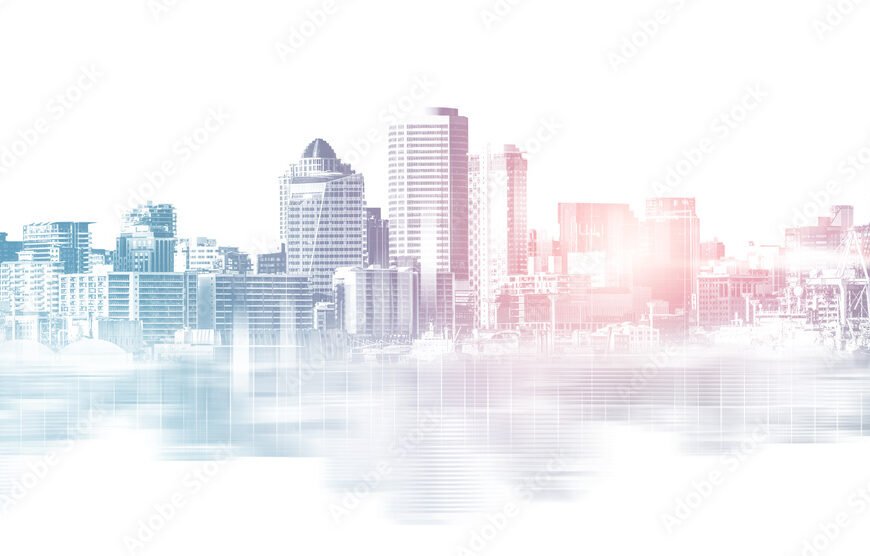 Abstract city building skyline metropolitan area in contemporary color style and futuristic effects. Real estate and property development. Innovative architecture and engineering concept.