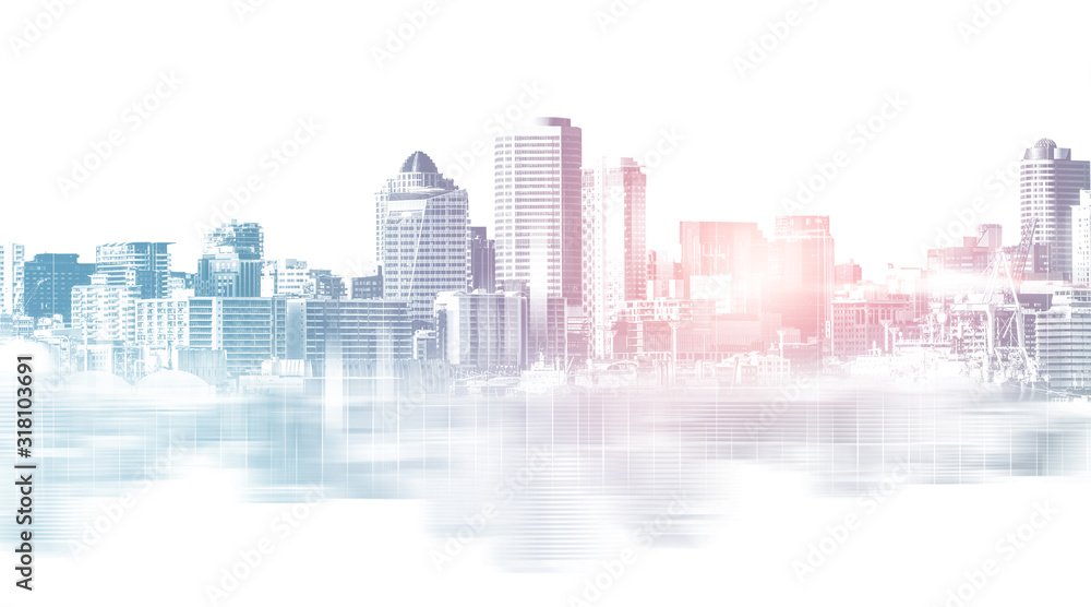 Abstract city building skyline metropolitan area in contemporary color style and futuristic effects. Real estate and property development. Innovative architecture and engineering concept.