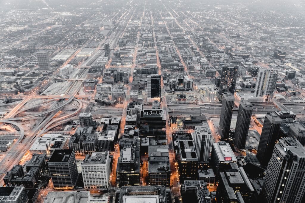 An aerial shot of a city