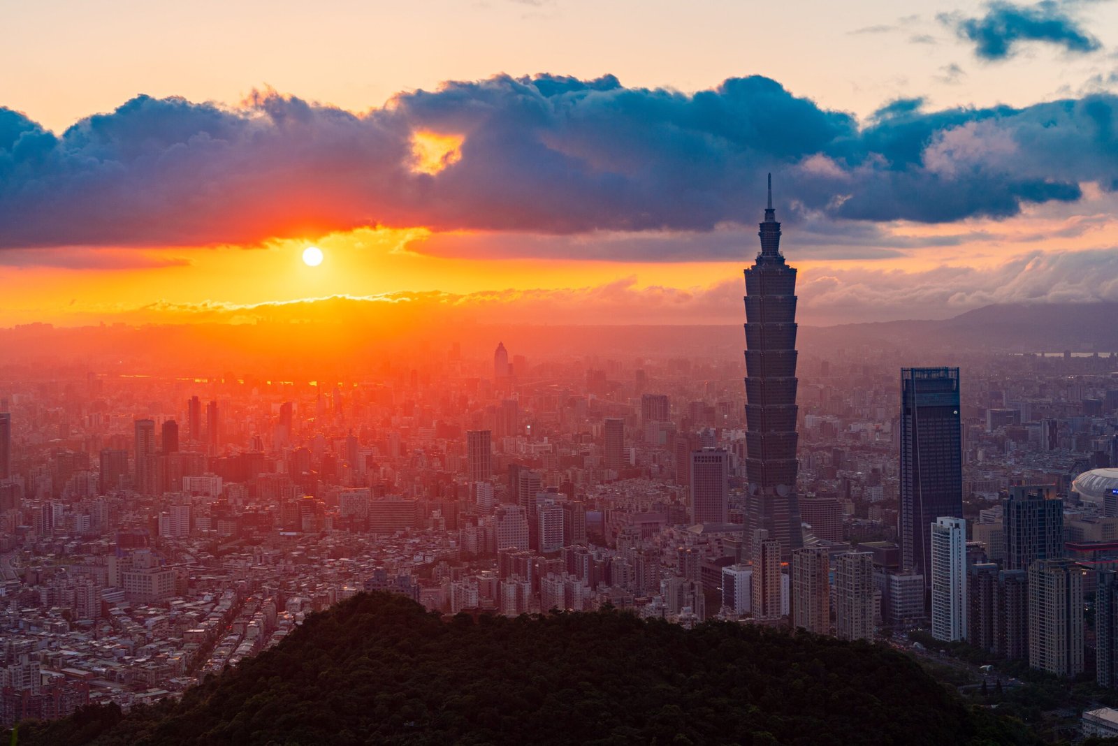 Scenic sunrise over city