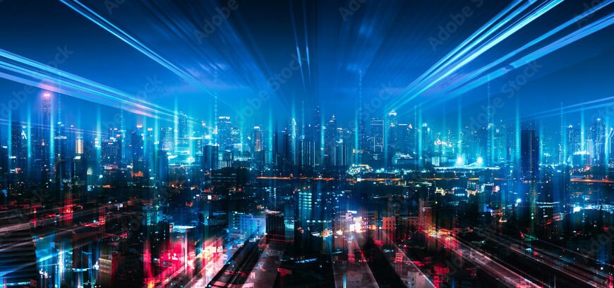 Smart Network and Connection city of Bangkok Thailand at night