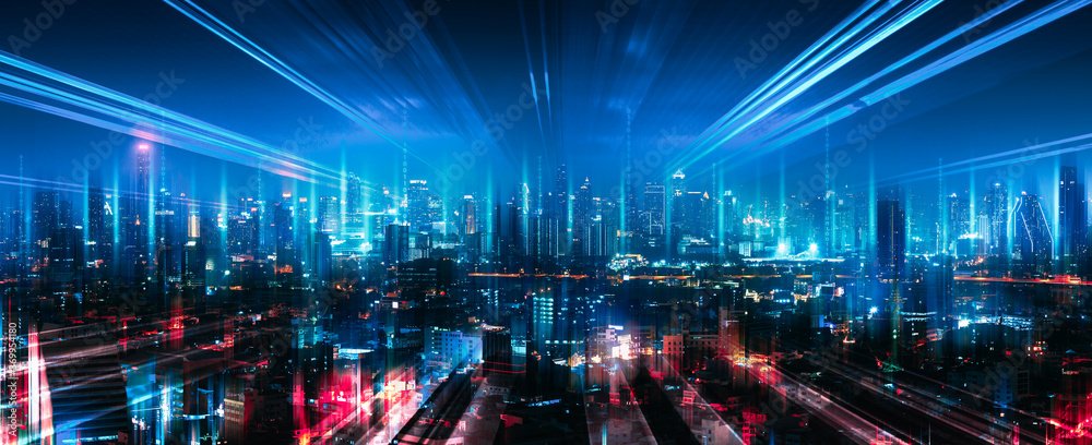 Smart Network and Connection city of Bangkok Thailand at night